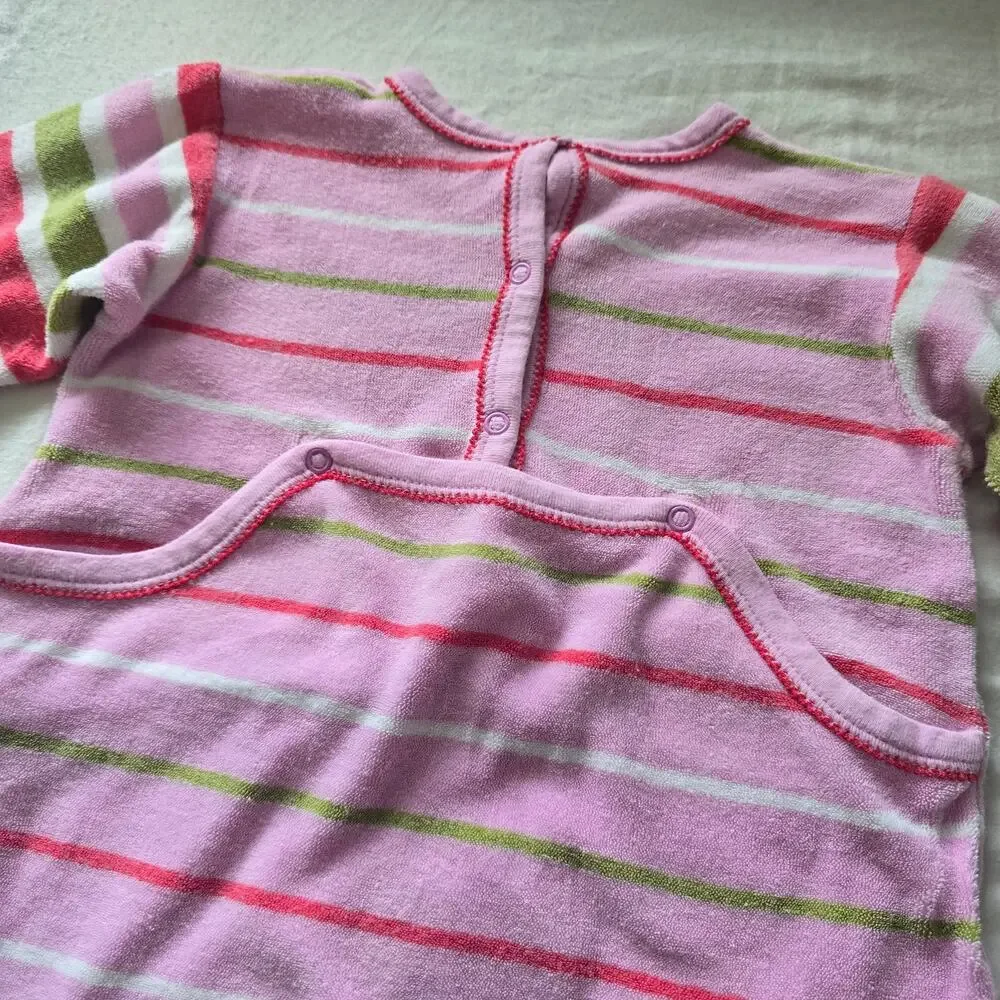 Petit Bateau Baby Girl Back Snap Footie Bodysuit Terry Cloth Pink Striped 12M